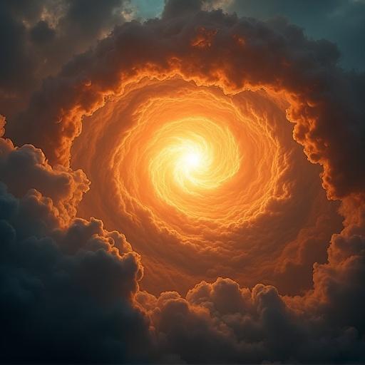 Storm clouds create a vortex in the sky. Center shows fire from the sun. Golden texture on clouds. Ultra-wide-angle upward view. High contrast dark imagery.