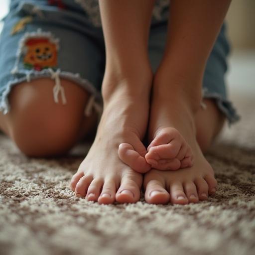 A girl biting her friend's foot in a playful manner. The focus is on their feet and the playful interaction. The scene suggests friendship and joy.