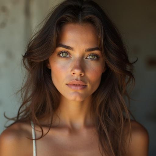 Portrait of a beautiful woman with natural beauty, soft lighting, and a warm background.