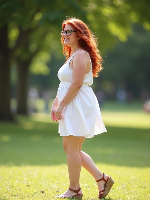 A young woman with red wavy hair walks in a park on a sunny day. She wears a plump body, a white summer minidress, glasses, and has closed eyes with a smile. The view is from the side.