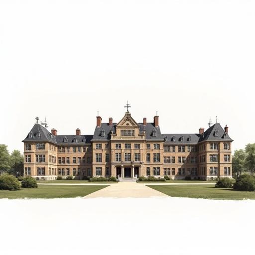 1800's university campus with several separate buildings flat view front white background