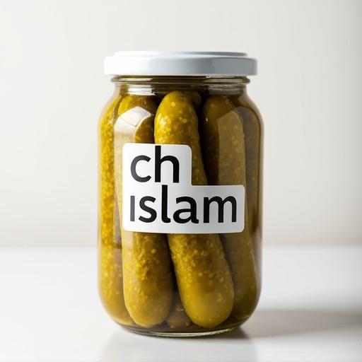 Glass jar filled with pickles. Topped with white circular lid. Jar has layered stickers. First sticker shows letters ju. Second sticker displays letters ch. Third larger sticker reads islam. Minimalistic setting with neutral background. Focus on jar and sticker design. Hyper-realistic and well-lit.