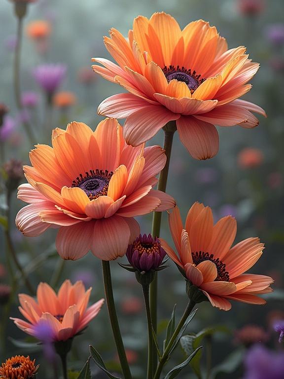 Dreamy floral landscape featuring vibrant orange and purple flowers. Composition includes layered petals and soft lighting. Natural scenery evokes serenity.