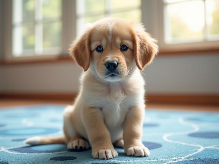 A puppy sitting in a room. Mouth is closed. Big shiny eyes. Head slightly tilted. Soft lighting. Blue carpet with circular patterns. Wooden baseboard. Large windows with daylight coming in. Cute and innocent expression.