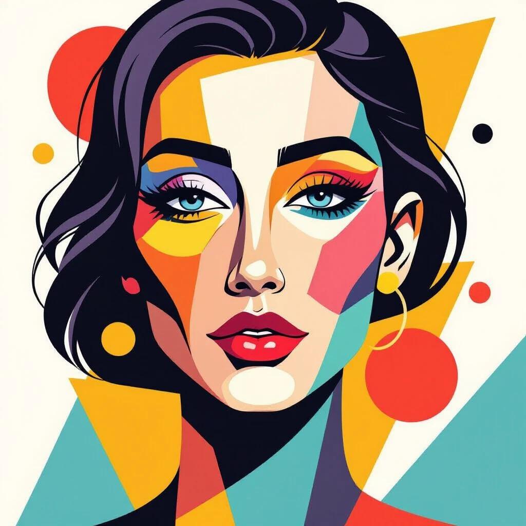 Abstract artistic representation combining vibrant geometric shapes and colors in a minimalist design. Focus on clean lines and simplicity, balancing bold graphics with unique composition. Ideal for modern apparel and prints.