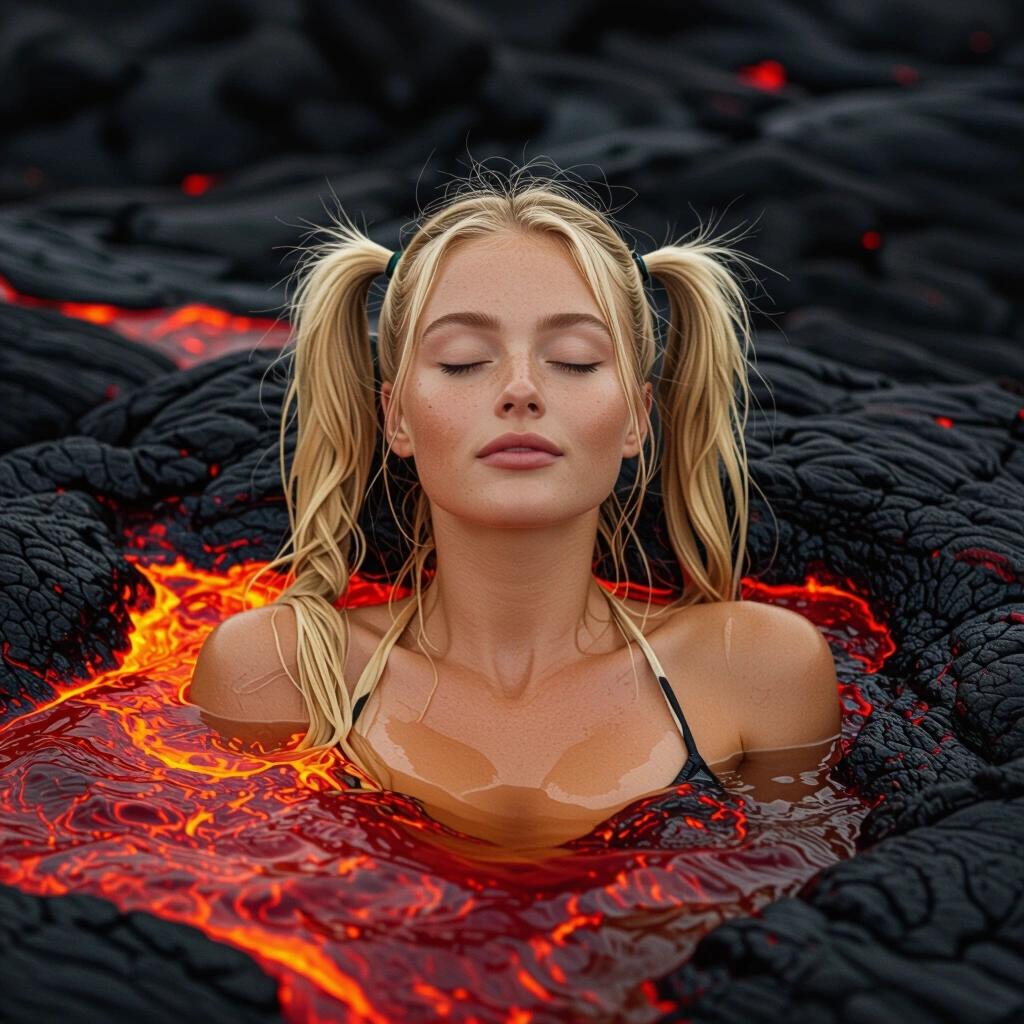 Young blonde woman with twin pigtails bathing submerged in molten lava. Closed eyes, leaning back, relaxed expression. Dutch angle used for dramatic effect.