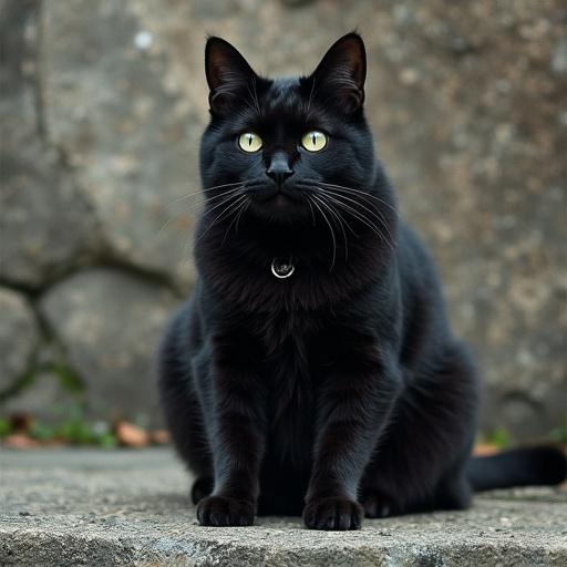 A black cat with striking green eyes sits calmly on a stone surface. The background features rough stone. The cat has a shiny coat and a collar. It exudes an air of mystery and elegance.