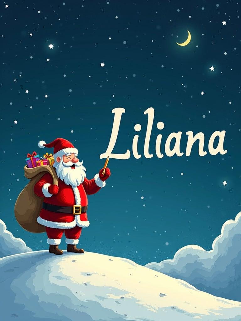 Santa Claus stands on a snowy hill. He writes names in the sky with a pencil. Santa is dressed in red and white attire. A large sack of gifts rests on his back. The name 'Liliana' is in a whimsical font.