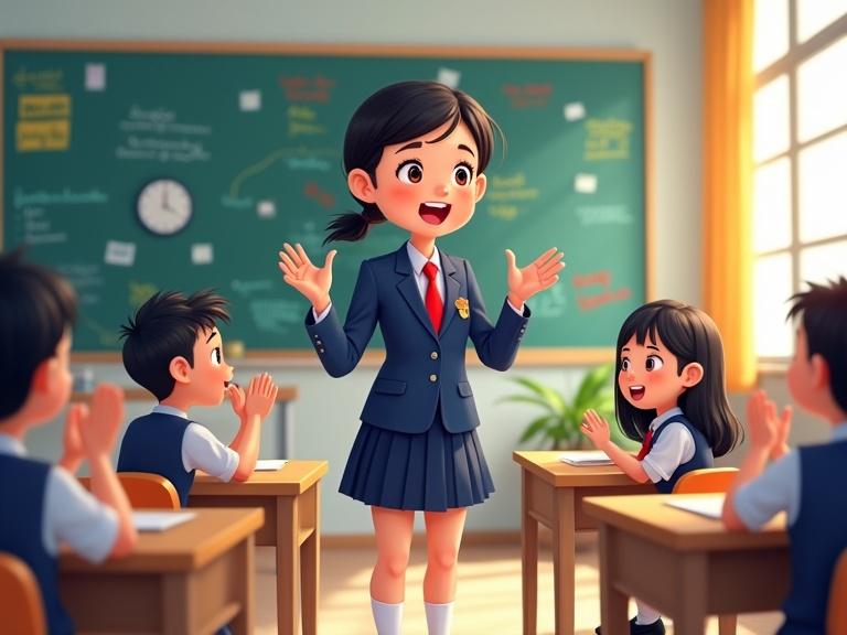 A cheerful Asian girl in a school uniform gives a speech in a bright classroom. She gestures with her hands enthusiastically. Students listen attentively. The classroom has a chalkboard with colorful notes. Sunlight comes through large windows. The style is vibrant and cartoon-like.