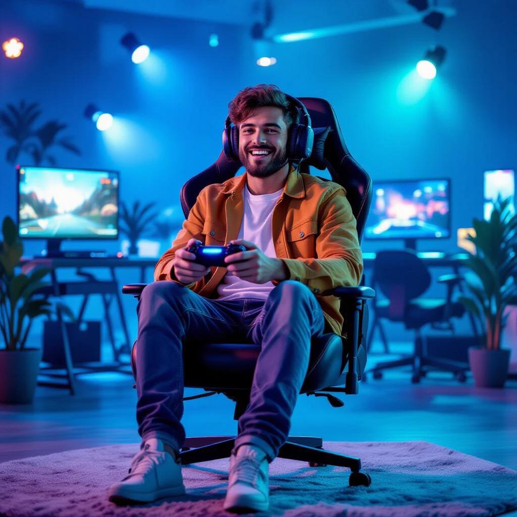Image of a gamer sitting in a high-backed gaming chair. The setting is filled with vibrant lights creating an engaging gaming atmosphere. The individual appears focused on playing a video game using a controller. Two gaming monitors can be seen with colorful displays.