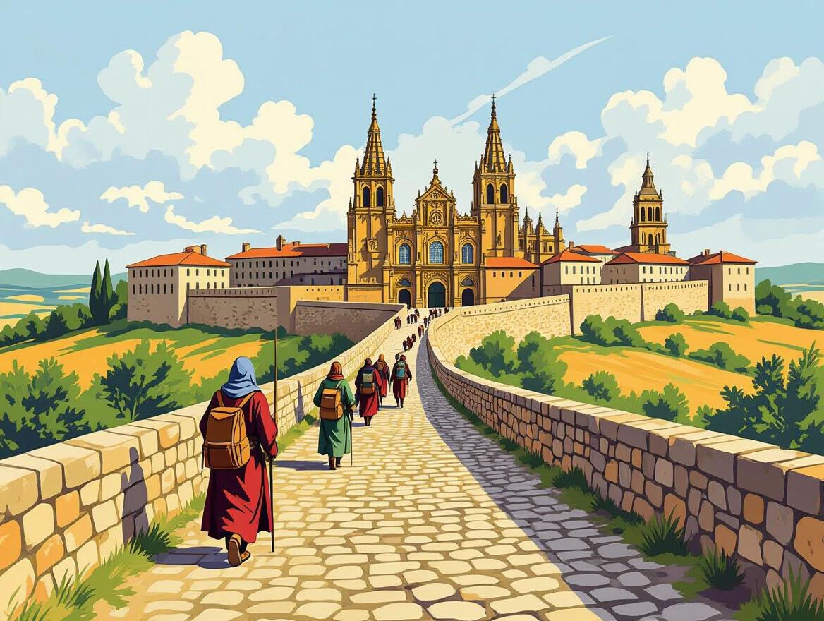 Poster illustration of the medieval Camino de Santiago featuring dirt paths and pilgrims walking. The famous Santiago cathedral is visible in the distance. Artwork resembles a vintage print. No text included.