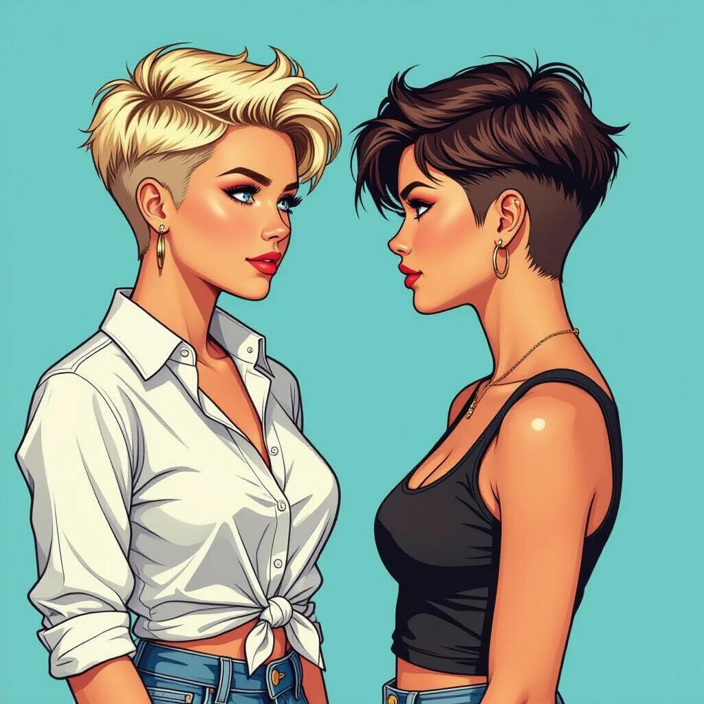 Illustration of two girls face-to-face. Jodie Steel has tousled straw-blonde hair. One side is shaved punk-style. She wears a knotted white shirt. Other girl has long blond hair blowing in the wind. Jodie wears ripped denim shorts and motorcycle boots. Bright blue background enhances the colors.