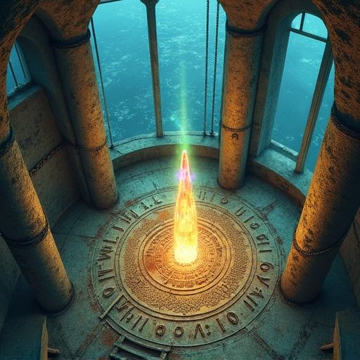 Bird's-eye view inside a towering ancient lighthouse. Glowing crystal beacon at the center radiating multicolored light beams. Floor engraved with old runes and rusted chains. Walls covered in moss and condensation. Distant shimmering sea through fogged glass. Watercolor style with mystical tone. Rich textures and magical glow.