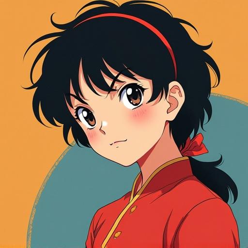 An illustration showcasing Ranma 1/2 character design in a modern art noveau style. Character portrayed in girl form with black hair and a slight smile. Bright orange background.