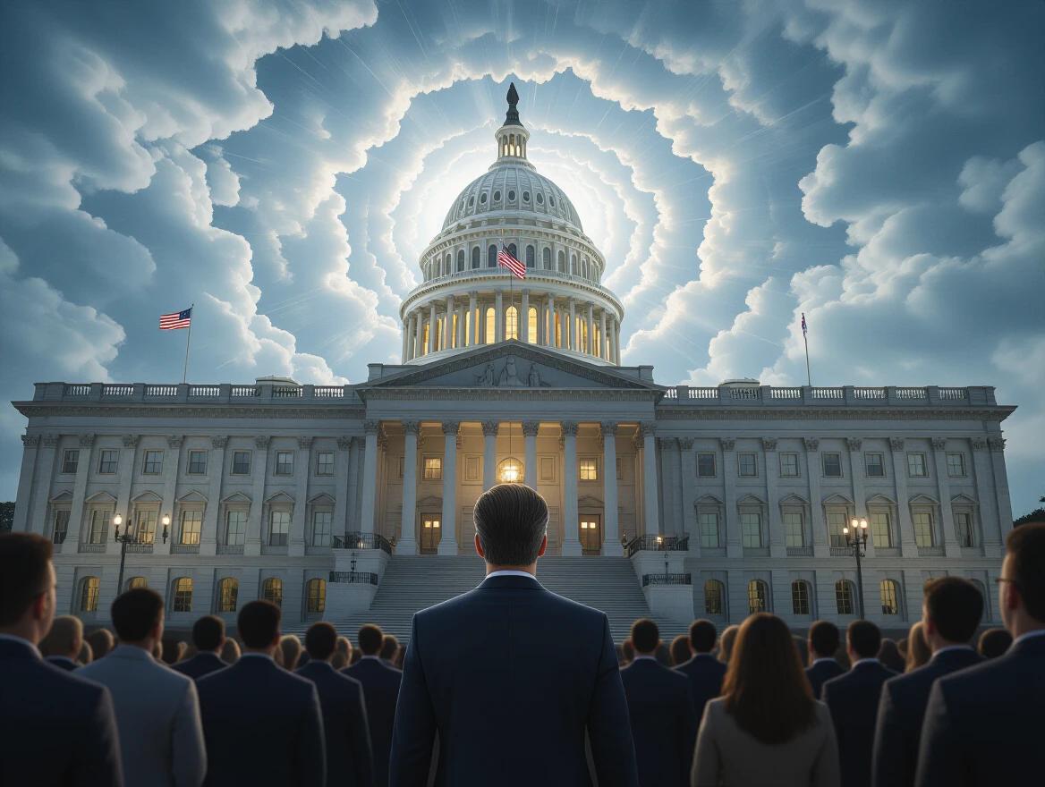 Ultra-realistic 3D representation of a political scene focused on a determined figure in front of the Capitol. Dramatic sky with spiral clouds and rays of light. Blurred crowd observing in the background. Atmosphere of climax and final confrontation.