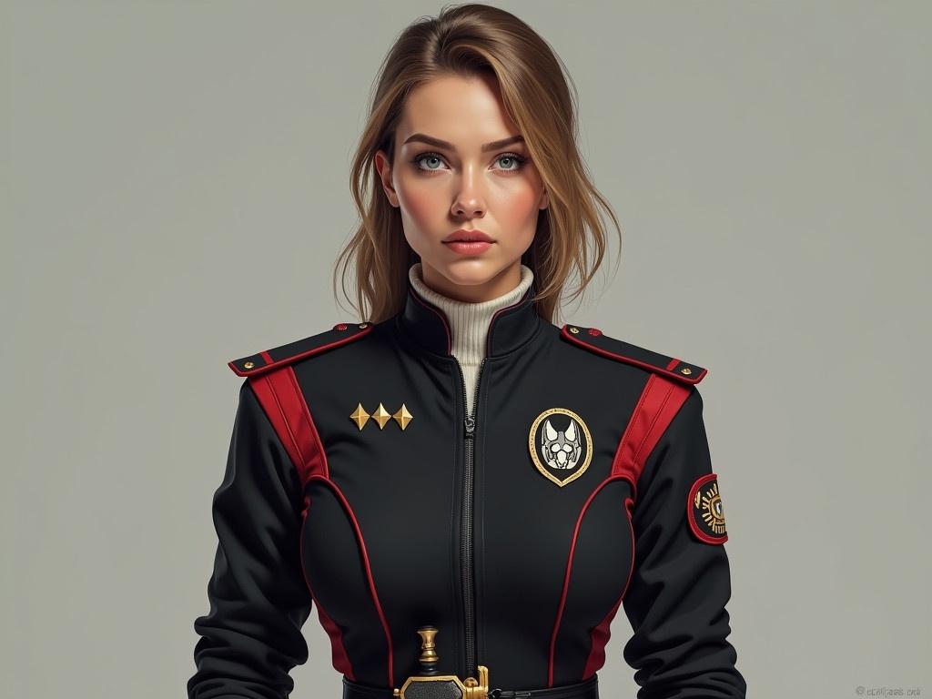 Create a hyper-realistic image of a 35-year-old woman in a sci-fi military uniform. She is tall, athletic, with sandy brown hair and darker eyebrows, and has blue-green eyes with thin lips. The uniform is primarily black, made from a tough synthetic fabric, featuring a distinct red stripe that divides the shoulders from the chest and back. The shoulders are padded, and the torso's sides are red, with red stripes near the wrists of the cuffs. The jacket is worn over a white knit shirt with a flat collar and is not a bodysuit. On her shoulders, there are round patches, one with a white sword on a gold shield with red background, and another with a three-headed gray wolf over a gold shield on a black background. Her rank as Captain is indicated by four small gold diamonds on her left breast, and a gold shield-shaped comm-badge on her right. The belt features a second band carrying a gold-hilted dagger in a black scabbard, emphasizing the functional, non-fancy look of her attire.