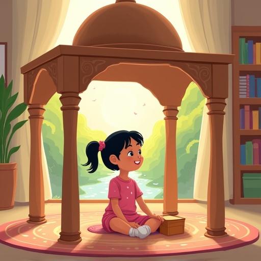 A cozy warm flat style digital illustration for a children's storybook featuring a girl in a pink dress sitting in a wooden structure with distinct pillars and a dome roof. The scene exudes warmth and joy with sunlight, green trees, and dreamy elements. The background includes soft Islamic-inspired details and a cozy room atmosphere.