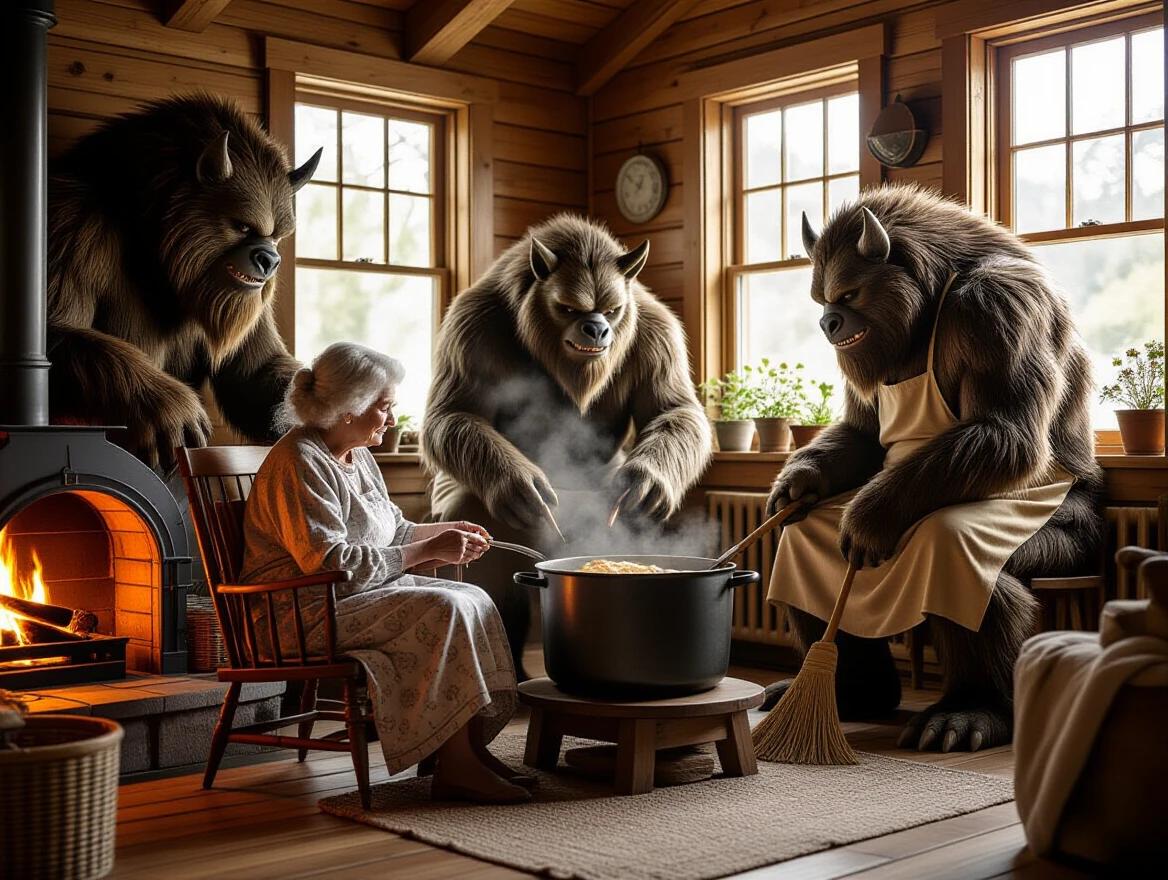 Elderly woman with white hair sits in a wooden cottage. She is surrounded by large beasts gently helping her. One beast is cooking soup in a pot. Another is sweeping the floor. The third beast tends to plants by the window. A glowing fireplace adds warmth to the scene. Soft natural light enters through the windows. The setting is rustic and cozy with a surreal touch. The image is ultra-detailed and photo-realistic with soft shadows.
