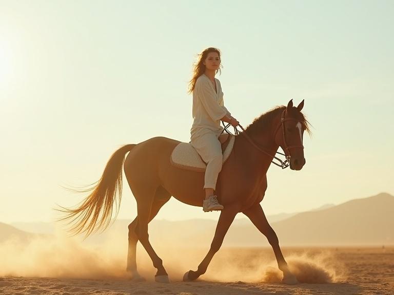 Double exposure concept featuring a woman riding a horse in a desert setting. Warm sunlight gives an ethereal feel. Dust kicked up by horse.