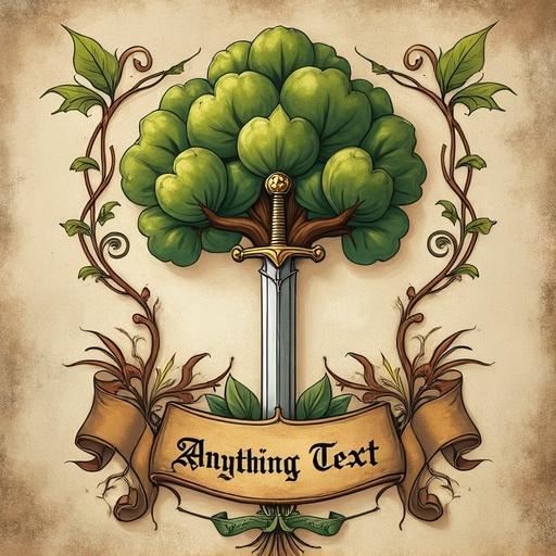 Personalized family crest featuring stylized heart-shaped linden tree with defined green leaves and symbolic trunk a knightly sword planted in front ornate scrollwork and decorative flourishes a flowing banner with text in medieval calligraphy aged wall art with muted colors