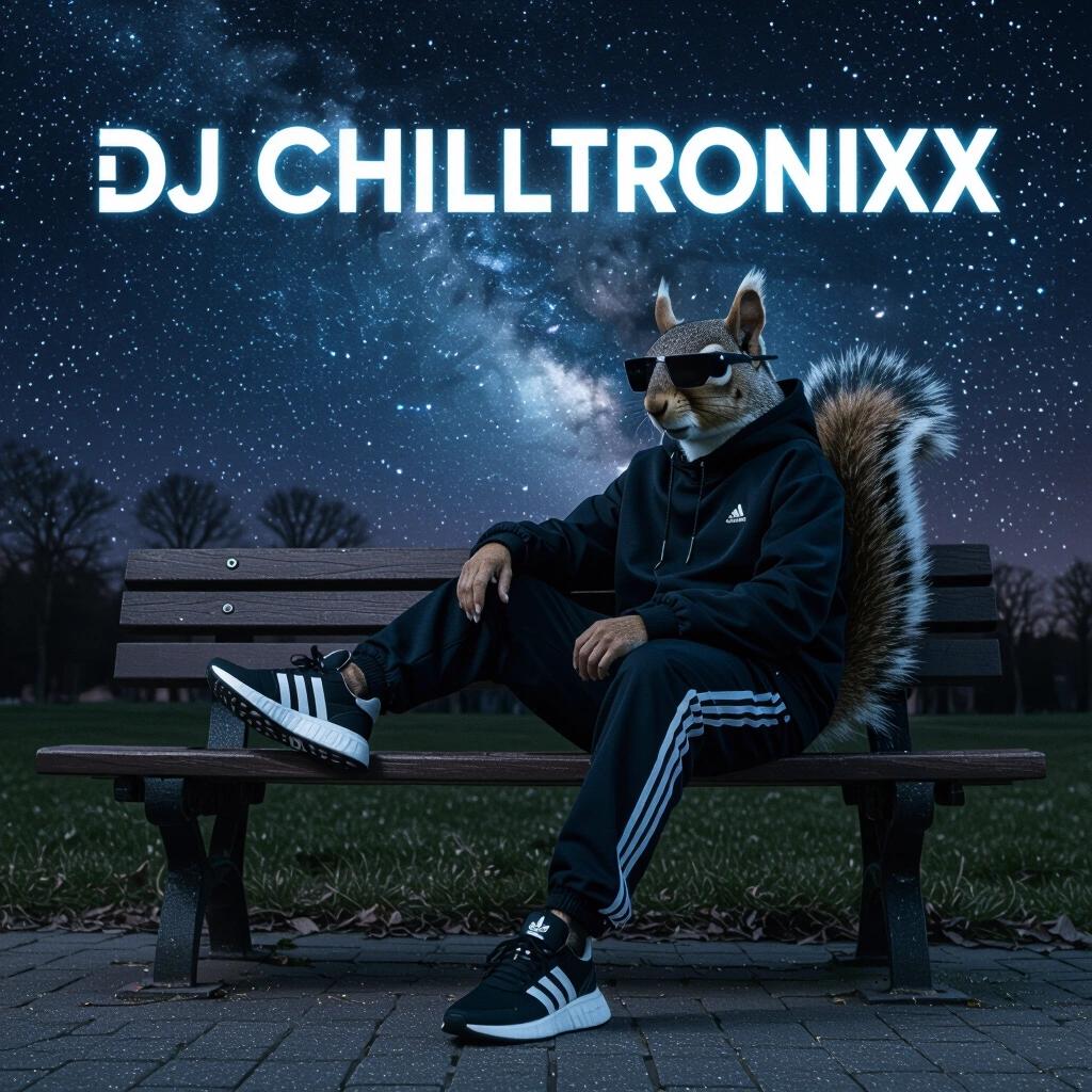 Raw photo capturing a squirrel person in stylish clothes sitting on a park bench at night. The person wears black Adidas runners and sunglasses. Background showcases a dark nebula sky filled with stars. Artistic album design featuring DJ Chilltronixx text.