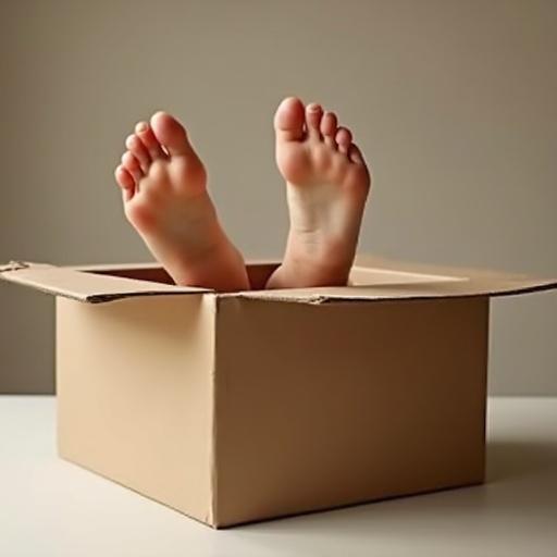 Woman's feet sticking out of a cardboard box with a neutral background.