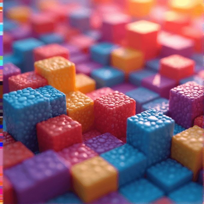 Colorful cubes with bumpy textures are arranged in a pattern, creating a lively and abstract scene.