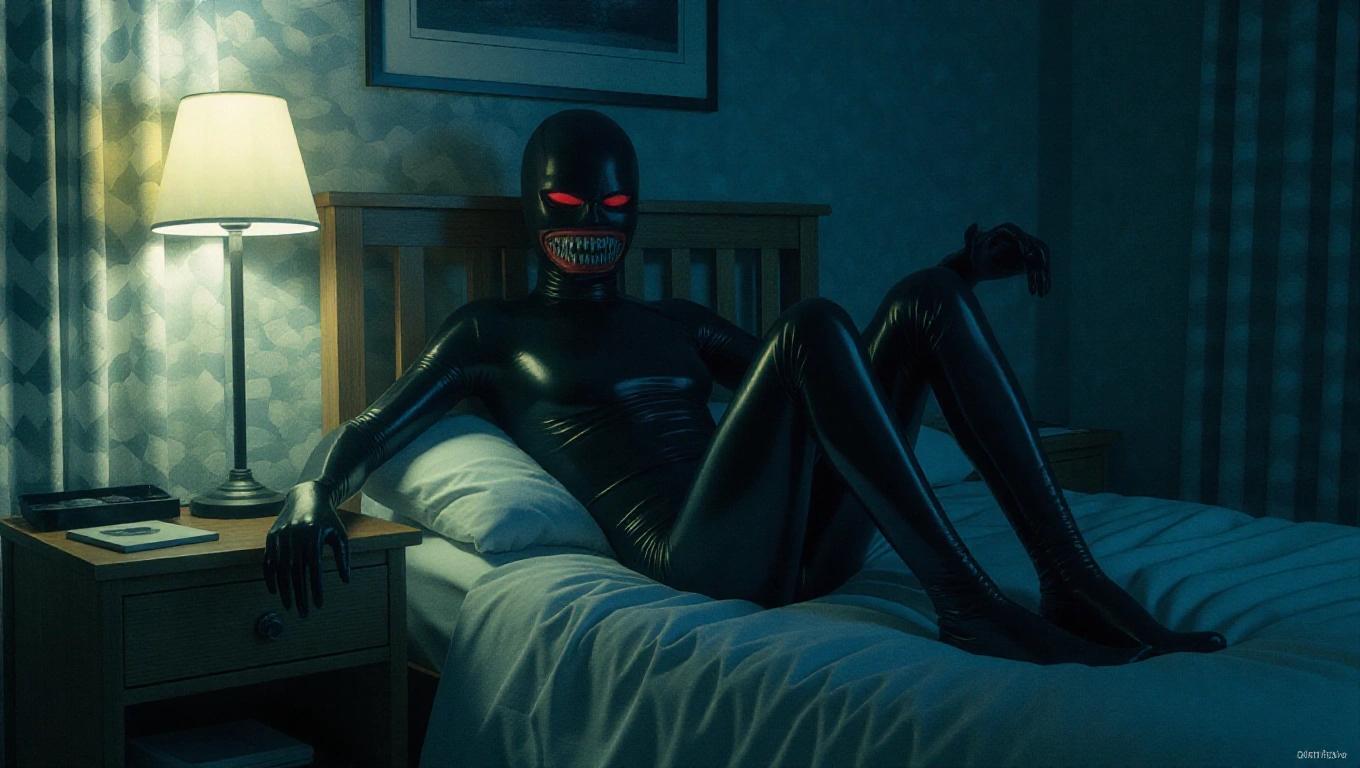 A creature in latex bodysuit sits on a bed in a dimly lit bedroom. The figure has a wide mouth with sharp teeth and glowing red eyes, engaging the viewer. It has legs crossed, presenting a relaxed yet eerie posture. The scene is dark and atmospheric, emphasizing the horror theme.