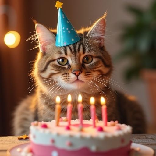 cat celebrates birthday with pink cake and candles. Cat wears blue party hat. Warm lighting creates cozy vibe.