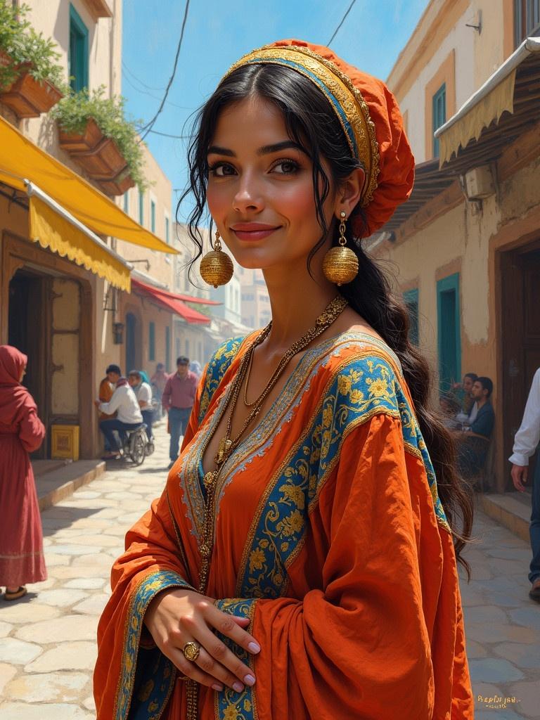 Painting in Van Gogh style of a Tunisian woman with traditional clothing. She wears gold earrings. Background features a souk street.