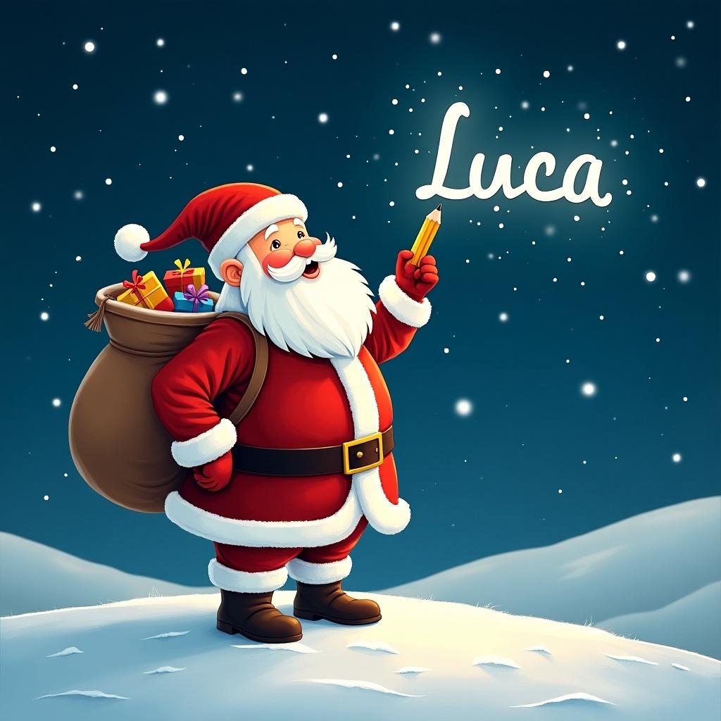 Santa Claus stands on a snowy hill under a starry night sky. Santa holds a pencil and writes Luca in the sky. Dressed in red and white with a large sack of gifts.