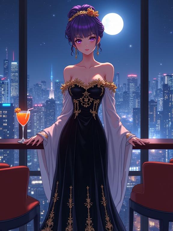 Elegant woman stands in upscale lounge. Black off-the-shoulder gown with gold embroidery. Violet hair styled in an updo with kanzashi ornaments. Vibrant orange cocktail on the bar. Nighttime city skyline visible through large window.