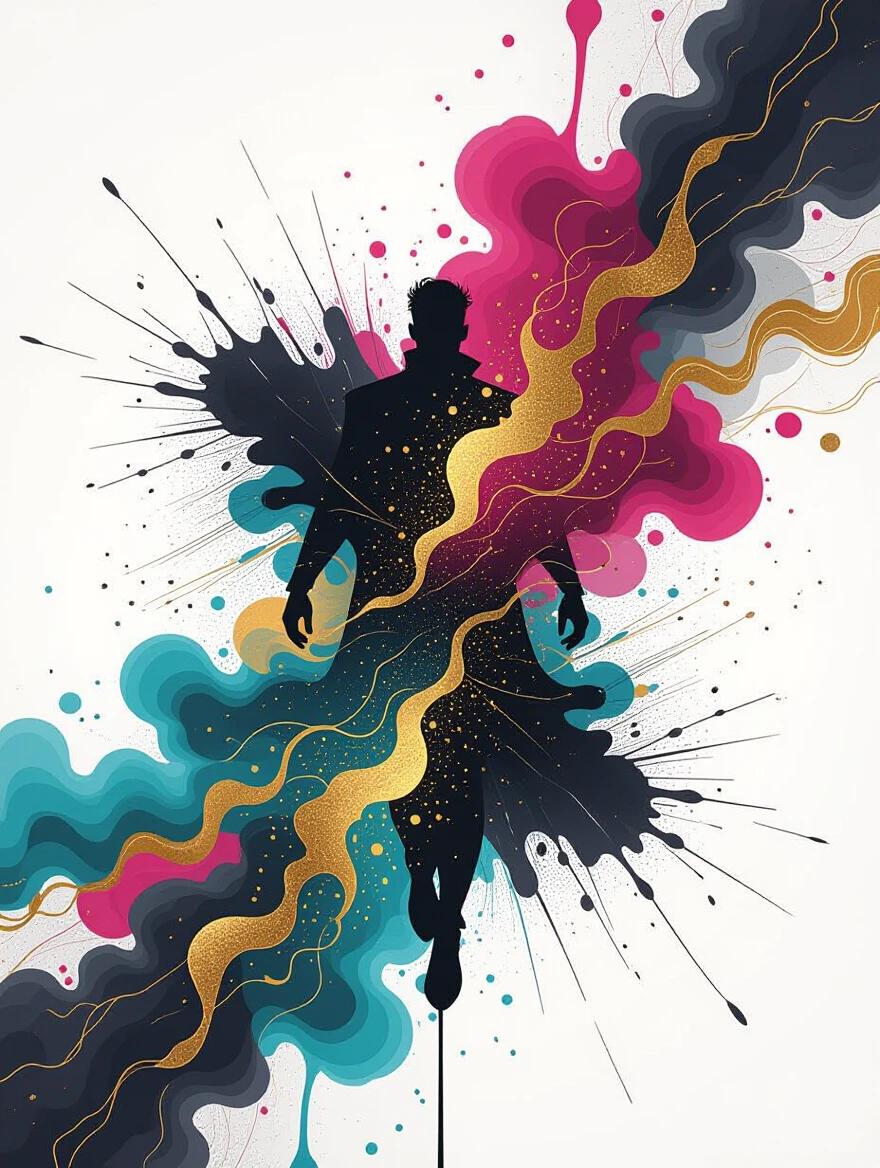 Powerful figure dissolving into black ink. Vibrant color splashes dripping streaks of cyan magenta and gold burst outward. Chaotic ink flow blended with explosive hues. High contrast against white background. Abstract modern ink art. Dynamic energy captured in fluid form.