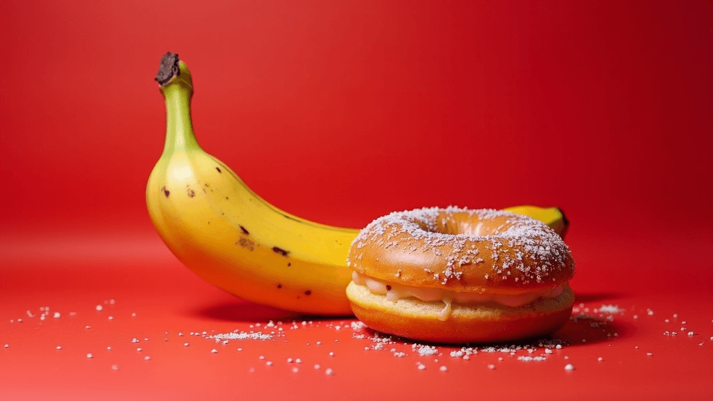 A banana and a sugar-dusted bagel with custard filling sit against a bold red background, creating a vivid contrast.