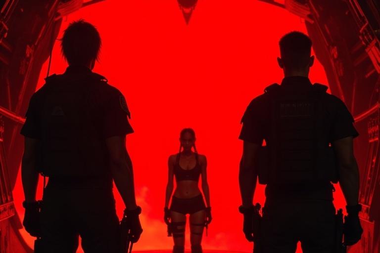 Inside a red-lit cargo bay two soldiers in black uniforms stand guard. Their backs face the camera holding rifles. In the background, Lara is tied and unconscious under harsh red light. She wears a dark brown crop top, tactical shorts, and brown boots. The shot has depth and highlights tension over the situation.