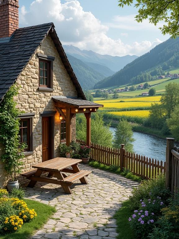 A detailed eye-level shot showcases a quaint single-story cottage amidst a lush mountainous landscape. The cottage is constructed from light brown stones with a dark gray tiled roof and brick chimney emitting smoke. There are several dark brown framed windows with green vines. The patio has a wooden picnic table, enclosed by a wooden fence. A stone pathway leads through foliage to the cottage. A river flows behind, surrounded by yellow flowers and rolling hills under a partly cloudy sky.