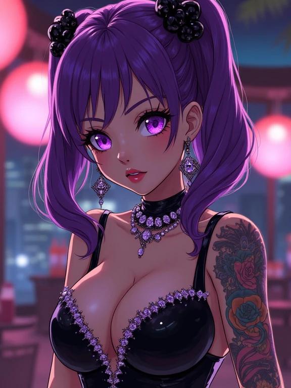 Anime style illustration of a woman in a neo-futuristic Japanese restaurant. She has amethyst purple curly pigtails and is wearing a sexy and edgy black dress. The dress is adorned with purple diamond jewelry. The setting is at night with soft lighting. Woman has tattoos and a muscular physique.