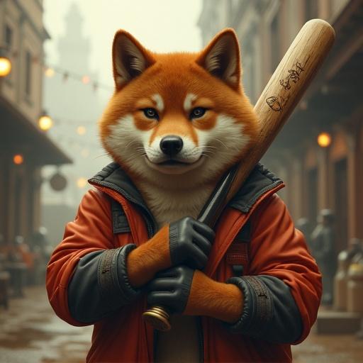 Shiba Inu character called Cheems holds a baseball bat in a gritty fantasy setting. The atmosphere appears ultra realistic and detailed. The character exudes confidence and personality with a playful yet tough demeanor.