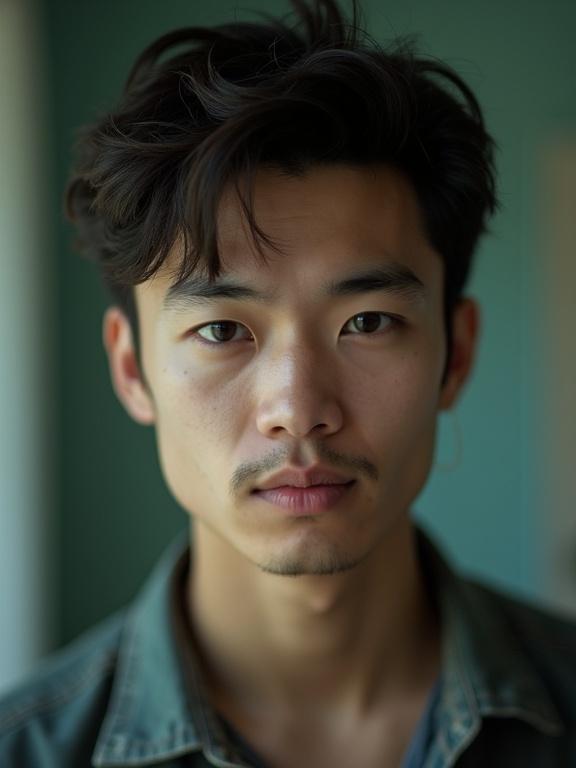 A low-resolution, blurry portrait of a young man looking at the camera. He has a natural expression, resembling an AI-generated character. The photo shows significant digital noise, grain, and motion blur with muted colors and poor focus. Captured indoors with uneven lighting from a cheap smartphone camera.