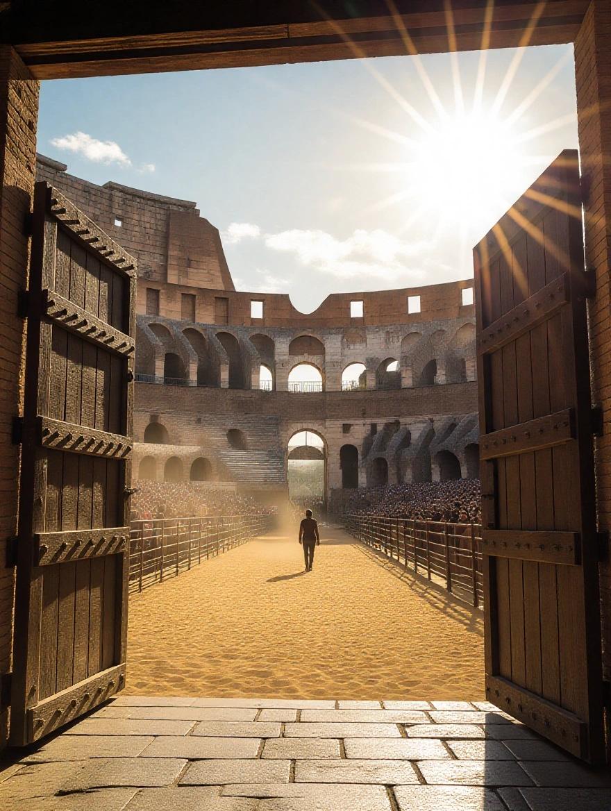 First-person view of massive wooden gates opening to reveal a bright Colosseum. Sunlight blazing in eyes. Crowd blurred in background. Golden sand glowing with chaotic light and sound. High contrast.
