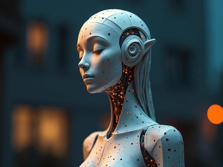 3D robot sculpture made from titanium. Polka dot design with splashes of color. Dramatic lighting creates a serene atmosphere. Nighttime setting. Digital rendering displays geometric patterns and details.