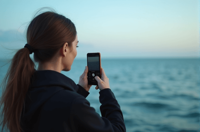 A person with long hair, tied in a ponytail, is photographing the serene ocean with a smartphone at dusk.