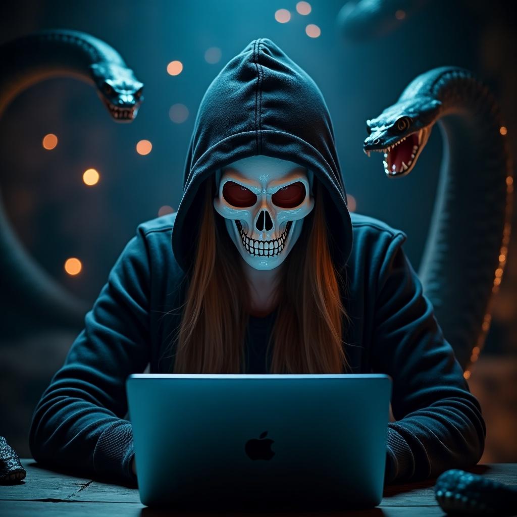 Hooded figure with long brunette hair uses laptop. Surrounded by serpentine creatures. Background glows with a dark, eerie light. Depicts a blend of fantasy and technology elements.