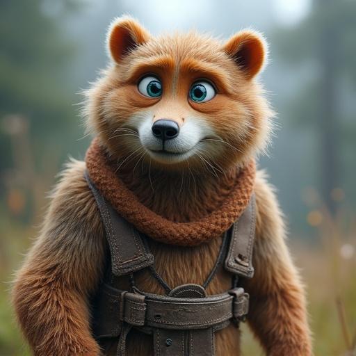 A cartoon character resembling a bear with expressive eyes. The character has a fur coat and wears a scarf over its neck. The background features a natural environment with blurred trees.