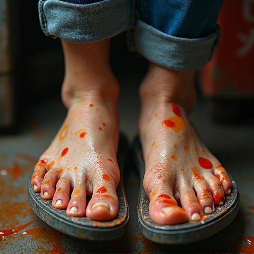 Noodle vendor's feet show callouses. He wears plastic slippers. Chili oil splatters tattoo his ankles. The image captures street food culture.