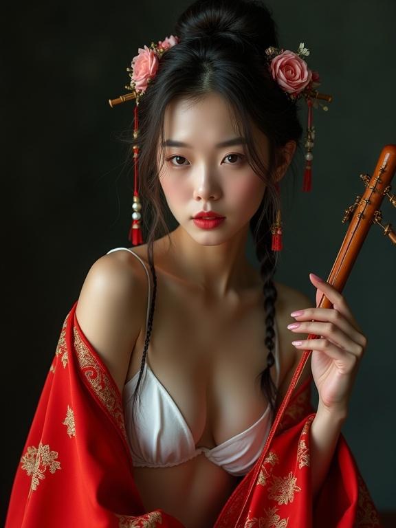Film photography style featuring a seductive young woman in Ming Dynasty attire. She wears a red embroidered garment with white light stockings. The subject has a crystal-like skin quality and disheveled hair styled with braids and floral hairpins. She holds a pipa and exudes vulnerability. The lighting is dramatic with strong contrasts and a high exposure with a dark tone.