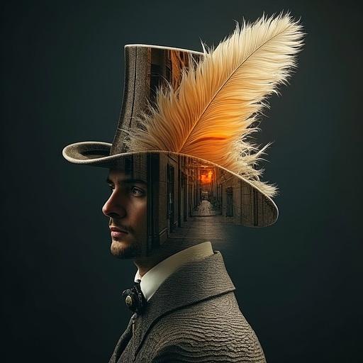 Victorian feathered top hat with surreal integration of streets and sunset in the feather. Dreamlike and imaginative feel with soft lighting and dark background. Inspired by surrealism and René Magritte.