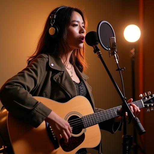 Young woman singing in a recording studio. She wears a stylish outfit and headphones. The microphone stands ready for recording. The ambiance is warm and inviting. A soft glow from studio lights enhances the atmosphere.