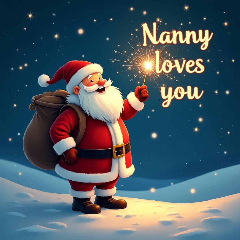 Santa Claus has a joyful expression. He wears a red suit with white trim. Holds a sparkler in one hand. A large bag is slung over his shoulder. 'Nanny loves you' is written in sparkly script in the night sky. Snowy ground with stars in the background.