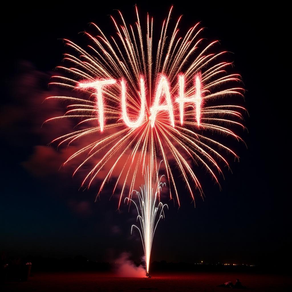 Vibrant firework explodes at night. Stunning display of colors. Text spelled out is 'TUAH Billt'.